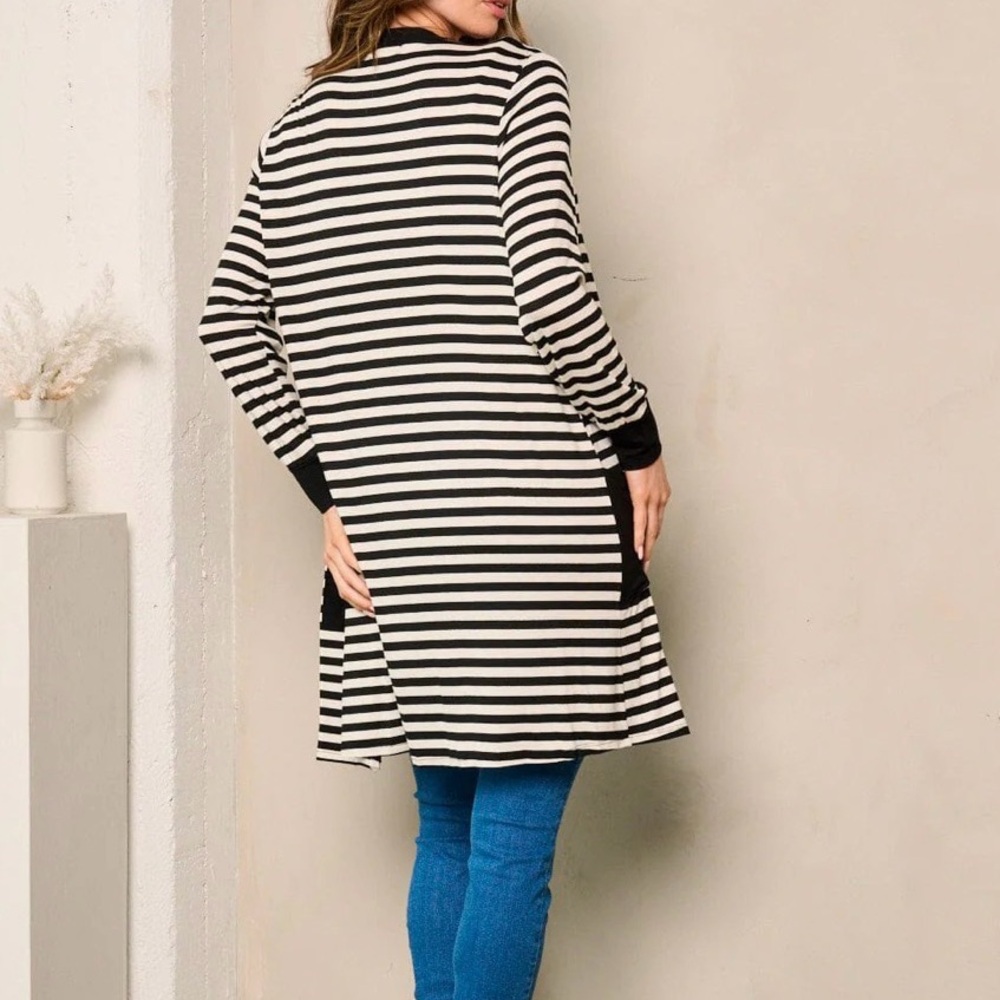 WOMEN'S LONG SLEEVE OPEN FRONT POCKETS STRIPES CARDIGAN